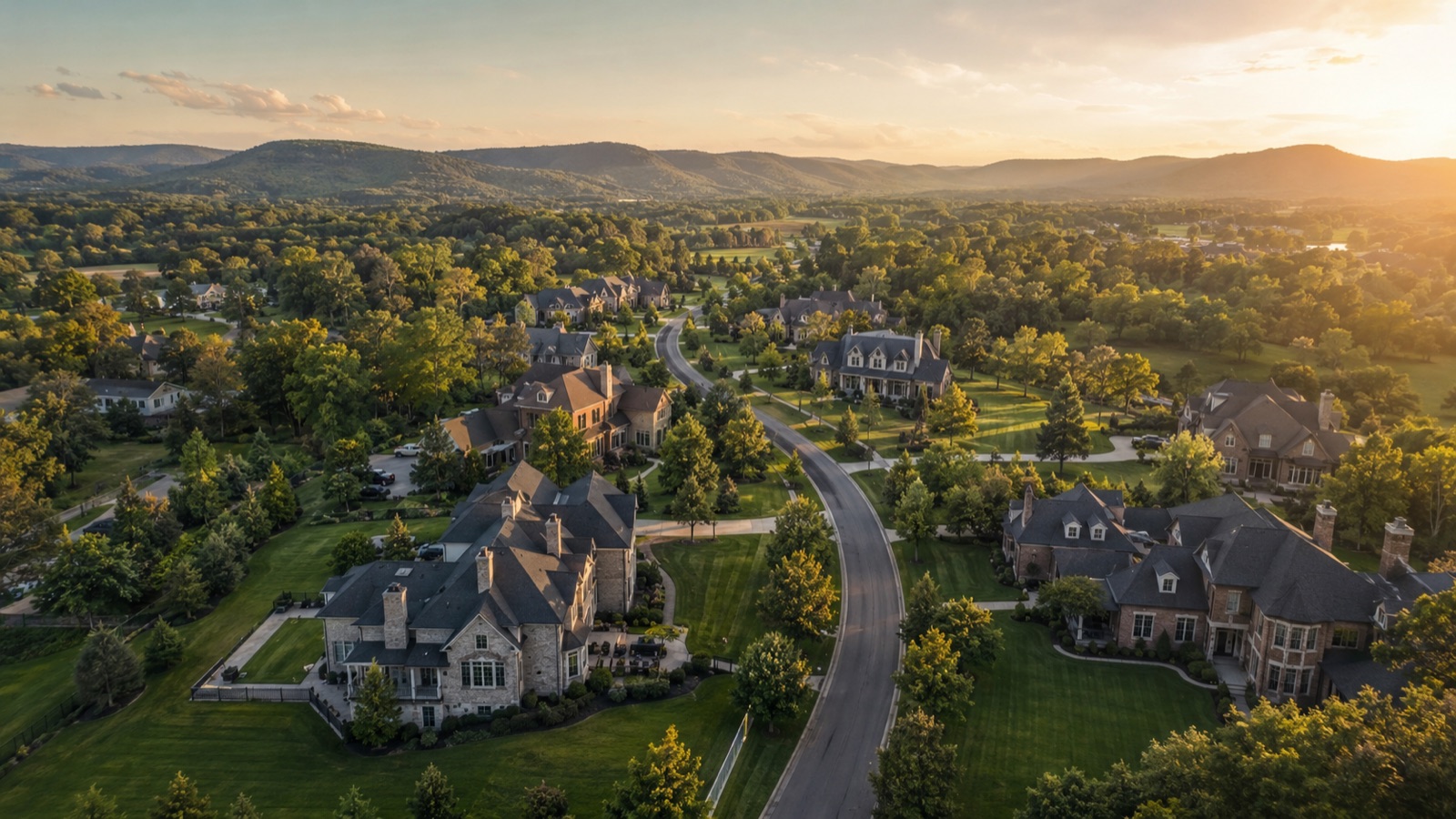 Aerial view of Franklin homes at golden hour