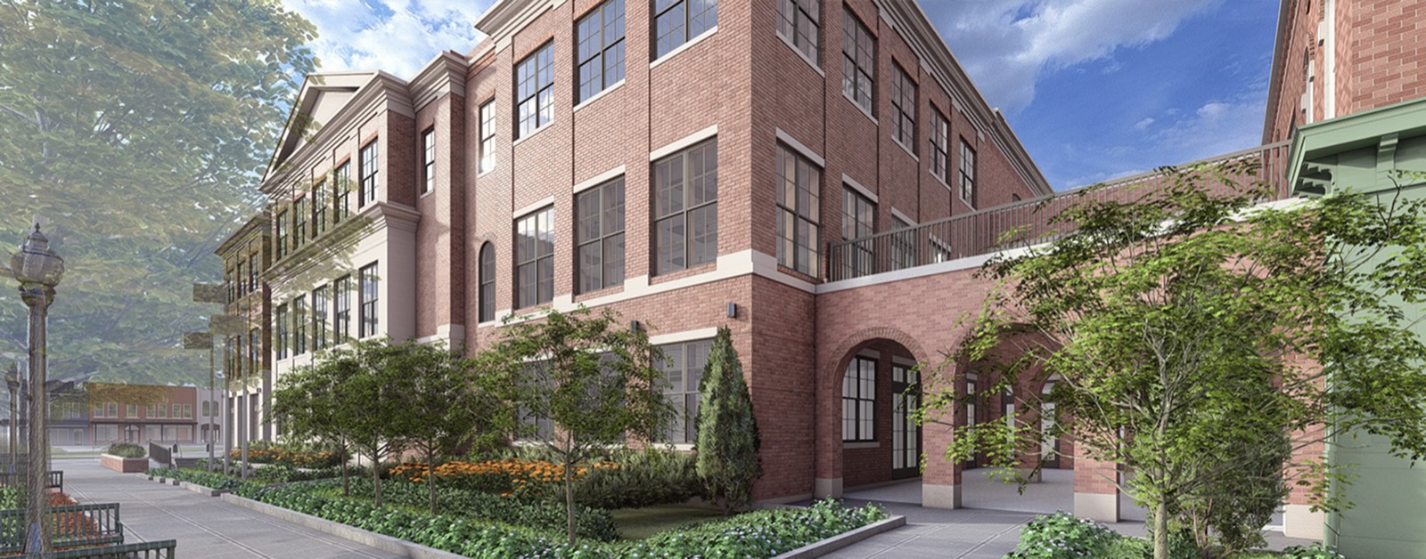 Rendering of the eastern side of the new City Hall, where the building steps down to two stories above a brick arcade, with planted gardens and young trees along the walk