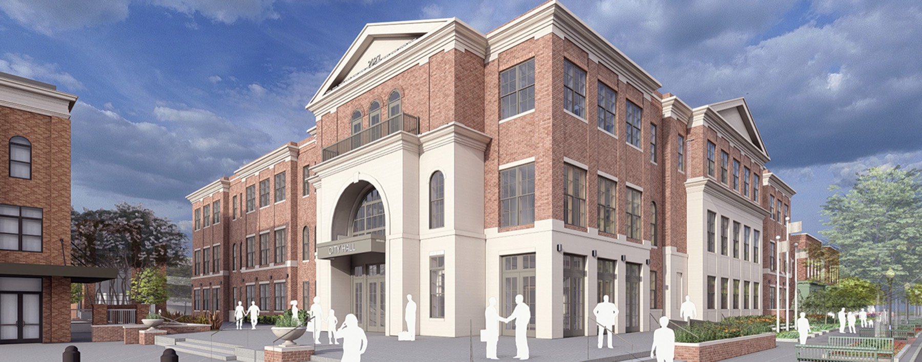 Rendering of the new Franklin City Hall: a three-story brick and limestone building with a tall arched entrance marked CITY HALL, facing a paved plaza on the Public Square