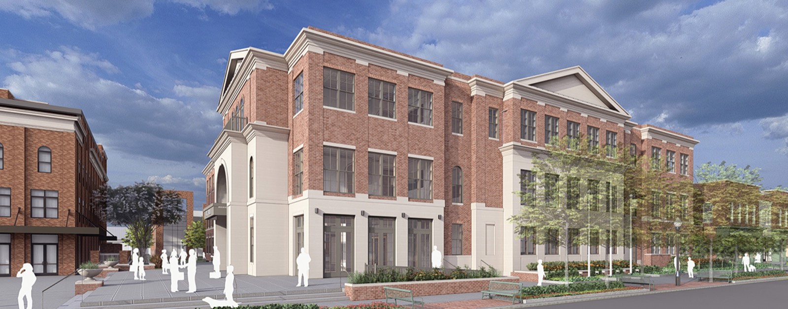 Rendering of the new City Hall from the plaza, with figures walking on paved terraces, benches, planting beds and the three-story brick building behind