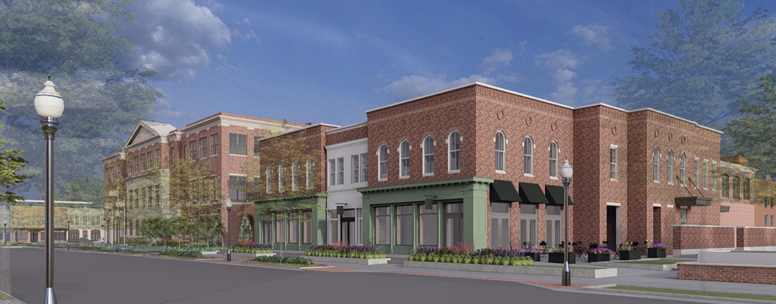 Rendering of the Third Avenue South elevation: a row of brick buildings with green-painted shopfronts, awnings, sidewalk planters and cafe tables, with the City Hall building beyond